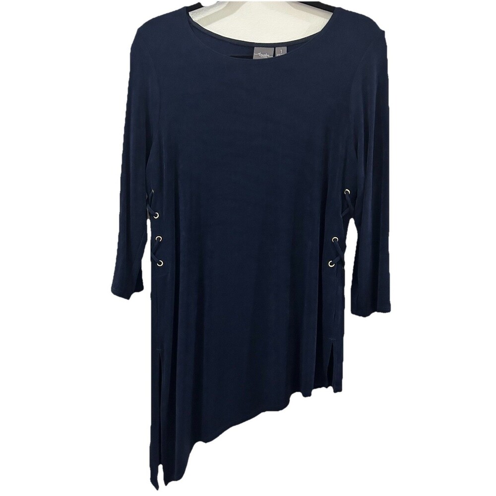 Chicos  Sz 1  Women M Travelers Tunic Top Lace Up Sides 3/4 Sleeves Navy Blue